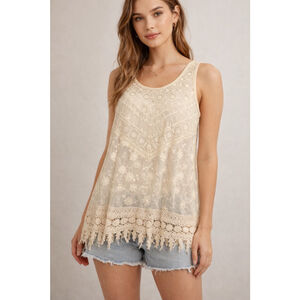 Haute Monde Boho Lace Tank Top Cream Crochet Fringe Hem Sheer Floral Size M
Dres